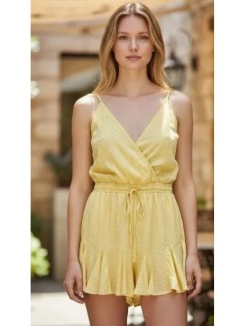 NWT Promesa Women's Romper Large Yellow Jacquard Surplice Ruffle Sleeveless